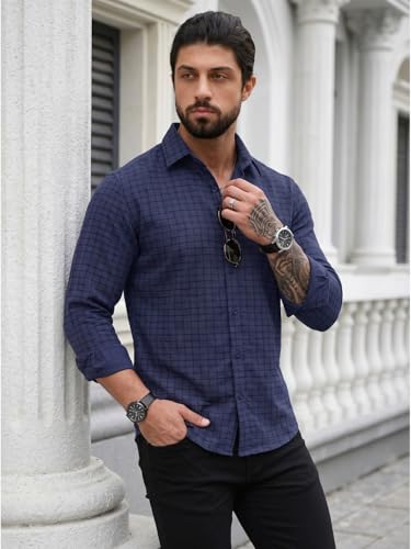 Image of DEELMO Men's Regular Fit Button Down Dress Shirts Textured Long Sleeve Casual Hawaiian Shirt