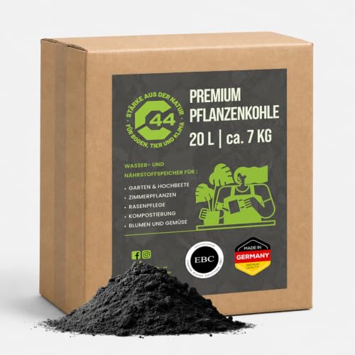 C44-20L Premium Pflanzenkohle - EBC-zertifiziertes Biochar für Garten Rasen & Hochbeet - Basis für Terra Preta - Hochporöser Bodenverbesserer & Nährstoffspeicher