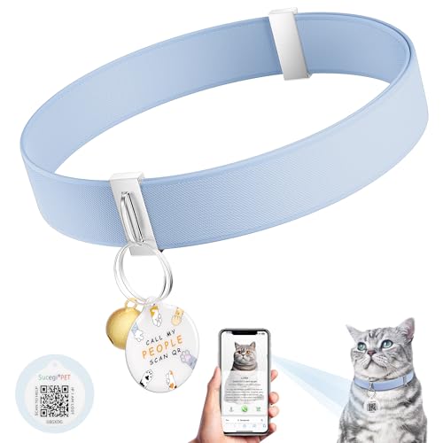 Cat Collar with Bell, Stretch Elastic Quick Release, Modifiable Pet Online Profile Page, Multiple Emergency Contact, Non Breakaway Lightweight Kitten Collar for Girl Cats, Pet Supplies, Gifts, Blue