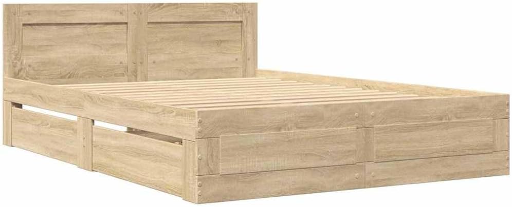 Bed Frame with Headboard 2 pcs Sonoma Engineered Wood 54 x 74 inches Sturdy Platform Foundation with Storage Drawers Modern Minimalist Bedroom Furniture for Mattress Support