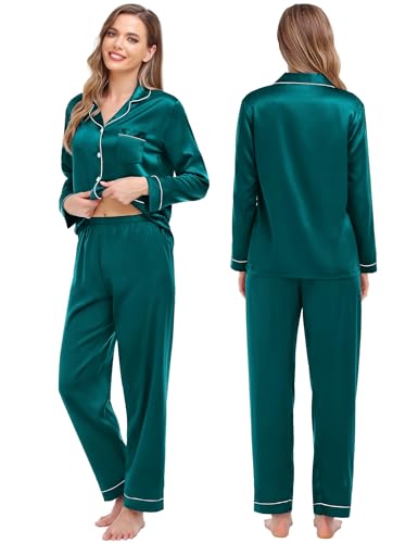SWOMOG Couples Matching Pajamas Set Women & Men Satin Long Sleeve Sleepwear Soft Button Down Pj Set Silk Loungewear Women Green Large2