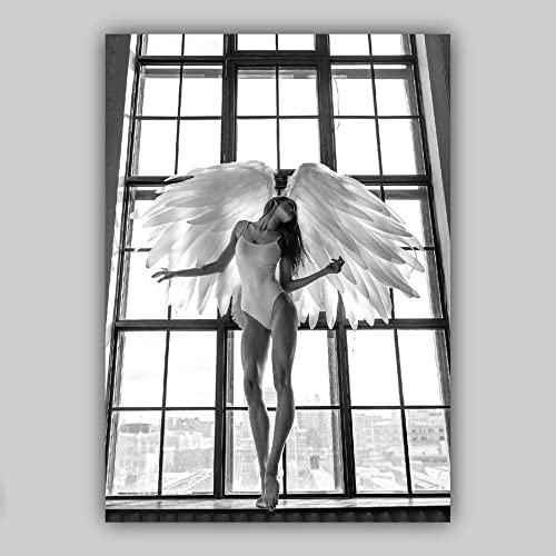 Artze Wall Art Fashion Woman Angel Wings Window Shadow Monochrome Photograph Gallery Wall Art Print Picture Poster 3-Piece Set - Image 2