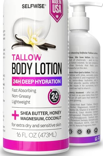 Beef Tallow Body Lotion with Magnesium Shea Butter Avocado Honey - Natural Lotion with Vitamin E - Fast Absorbing Non-Greasy Moisturizer for Dry & Sensitive Skin Daily Hydrating Body Cream 16oz