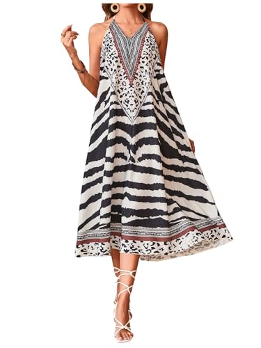 Image of MakeMeChic Women's Stripe Maxi Dress Zebra Print Halter Backless Flowy Boho Summer Long Dresses