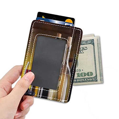 Oyihfvs Still Life with Wine Bottles, Glasses Oak Barrels Retro Style Slim Minimalist Wallet, Front Pocket RFID Leather Blocking Card Holder Case for Men Women Girls Ladies, Stylish Printing Gift4
