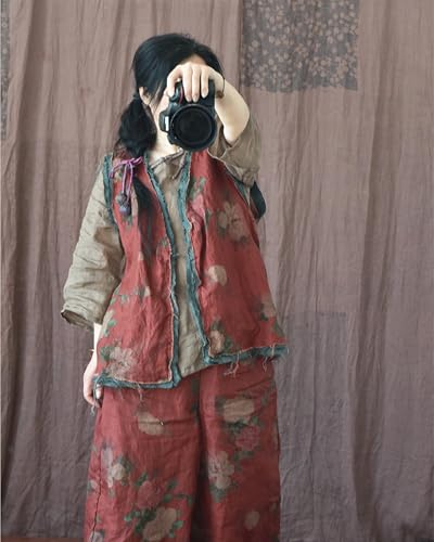 Women's Linen Short Vest Vintage Chinese Printed Sleeveless Clashing Vest Lightweight Casual Vacation Tops Cardigan3