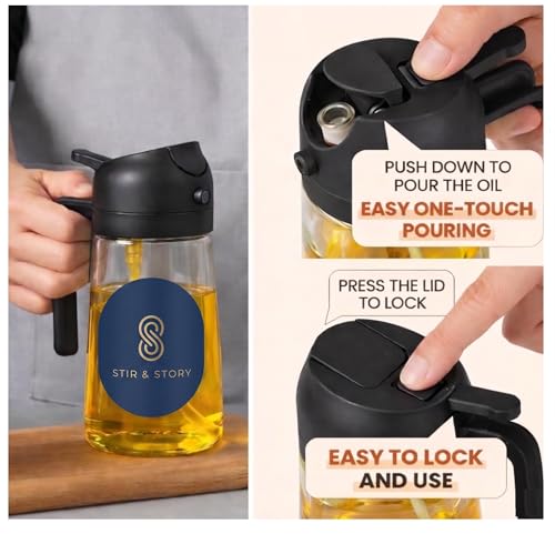 Image of Stir and Story Oil Dispenser and Sprayer Glass Bottle for Kitchen with Handle 500ml | 2-in-1 Olive Oil Spray for Cooking | Fine Mist & Pour Spout | Leak Proof | For Air Fryer, Salad, BBQ & Kitchen