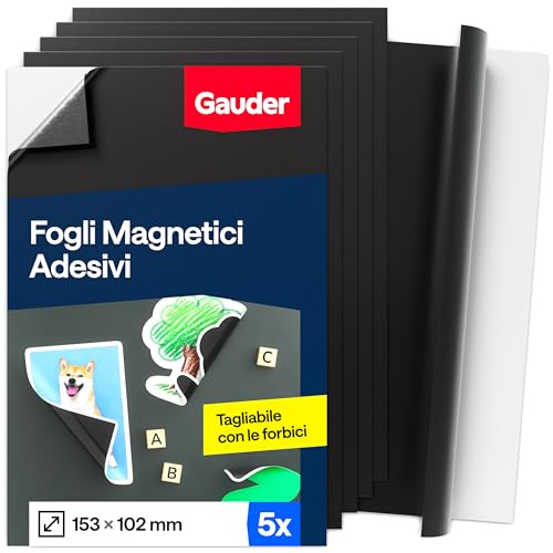 GAUDER Foglio Magnetico Autoadesivo - Pellicola Magnetica Ritagliabile per Foto, Fai-da-te e Cartelli - Magnete Adesivo per Casa, Scuola e Ufficio (5 pezzi - 153 x 102 mm)