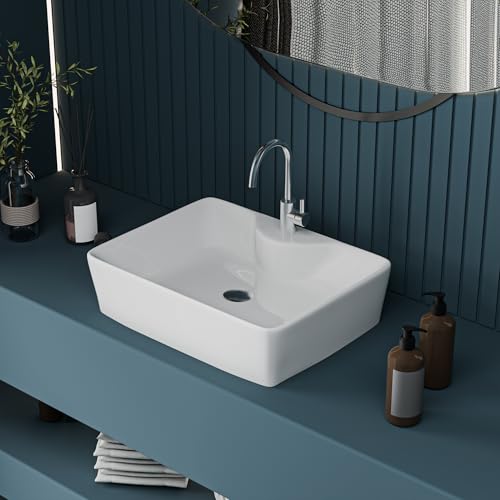 Image of LUXART Tabletop Wash Basin For Bathroom - 19 x 14 x 5 Inc Ceramic Glossy White Countertop Washbasin | Vessel Sink For Hotel, Dining Hall, Vanity | Over counter Top Washroom Sink