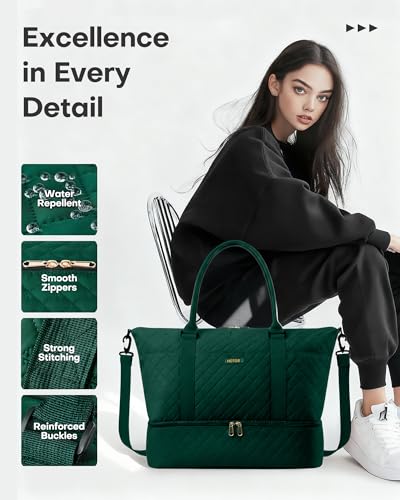 Image of HOTOR Travel Duffel Bag - Weekender Bags for Women, Carry On Gym Tote Bags | with Toiletry Bag & Shoe Compartment, Overnight Bag for Travel Essentials, Travel Accessories, Dark Green, 15.8 inchx18.1 inchx8.7 inch