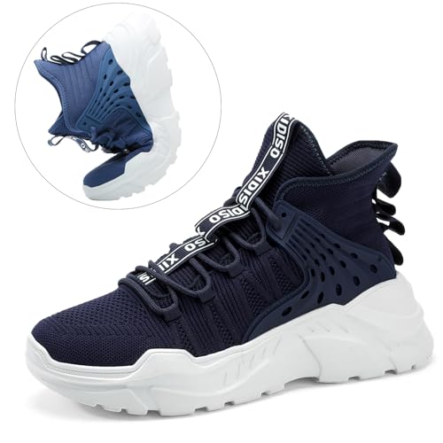 SANNAX Tênis masculino moderno de cano alto casual esportivo esportivo para caminhada, Azul escuro,
