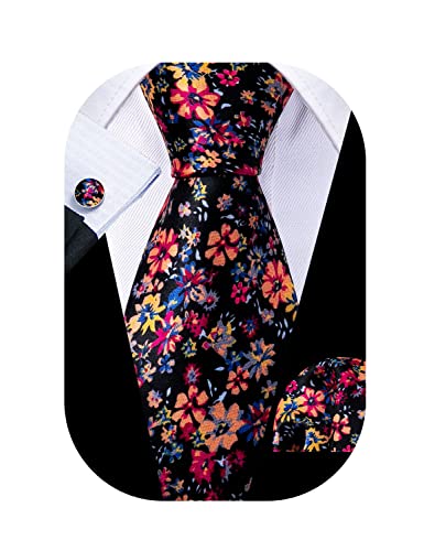 Image of Barry.Wang Flower Ties for Men Handkerchief Cufflinks Set Wedding Necktie Set Party