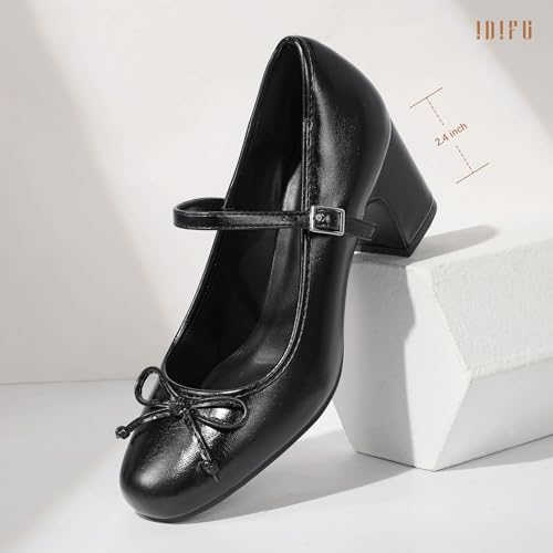 Image of IDIFU IN2 Mary Janes for Women Closed Toe Block Heels Cute Bow Dress Shoes