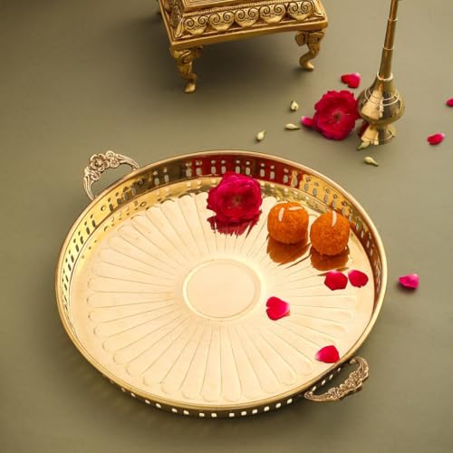 Image of RM Metals Pure Brass Pooja Thali with Handles - 10-Inch Traditional Floral Design Aarti Plate | 480 grm Handmade Glossy Finish Puja Thali for Temple, Home, and Festive Use