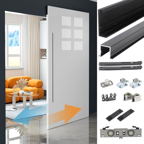 Kit de herrajes ocultos para puerta de bolsillo, montaje en pared, juego de rieles para puertas corredizas de granero de cierre lento, colgador de puerta deslizante de aluminio resistente con poleas
