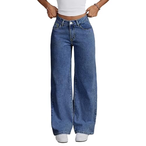 Cuyulitcik Womens Plus Size Wide Leg Jeans High Waisted Straight Leg Jeans Women Stretch Baggy Denim Pants Casual Boyfriend Loose Fitting (US Alpha 3X-Large Plus Regular Blue-F)
