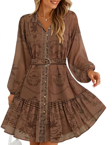 ZESICA Womens Floral Long Sleeve Mini Dress Spring Button Chiffon