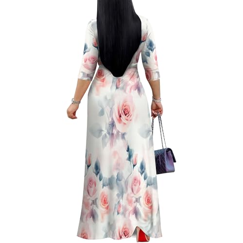 Image of PinkPatty Women's Plus Size Maxi Dress Casual 3 /4 Sleeve Dress with Belt | Soft stretch feel, printed style, flowy A-line fit, v neck, waist tie, side pockets, for vacation, party and daily wear