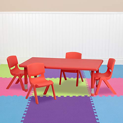 Big Sale Flash Furniture 24''W x 48''L Rectangular Red Plastic Height Adjustable Activity Table Set with 4 Chairs