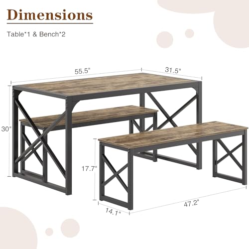 Image of VECELO 55 inch Kitchen Dining Table Set for 4, Heavy-Duty Steel Frame & Wood-Grain Tabletop, Space-Saving Dinette Sets with 2 Benches for Breakfast Nook and Small Space, Grey