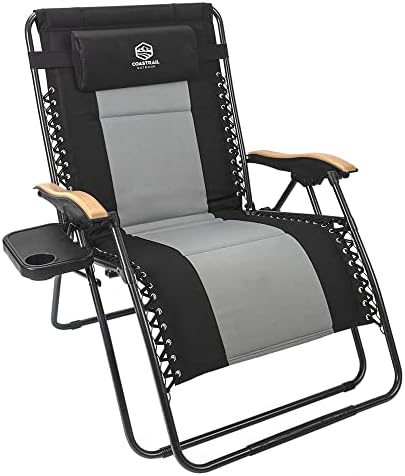 Coastrail Outdoor Zero Gravity Chair Wood Armrest XXL Camping Lounge Chair Patio Recliner Support 400lbs Padded Reclining Chair Folding Lawn Chair with Side Table
