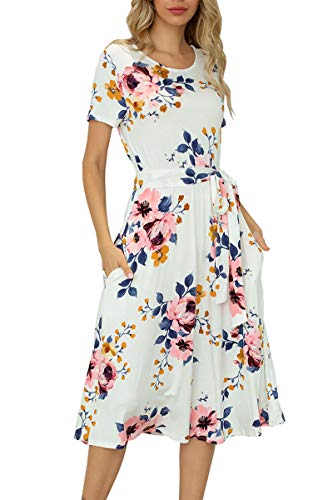 levaca Womens Floral Empire Waist Modest Belt Midi Work Casual Dress Ivory M