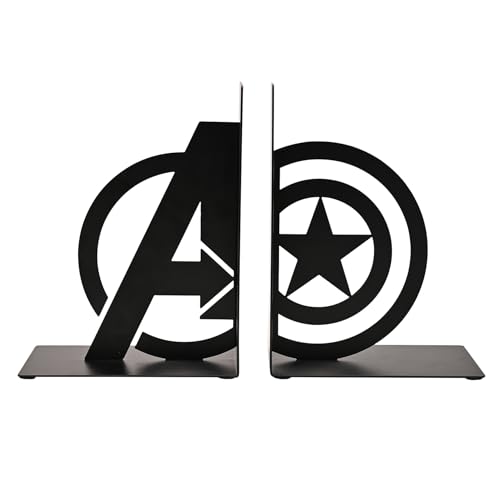 Sujetalibros de metal de Marvel Avengers Capitán América, soportes decorativos de metal negro con logotipo de los Vengadores y diseño de estrellas, organizador de estante de superhéroes para libros y