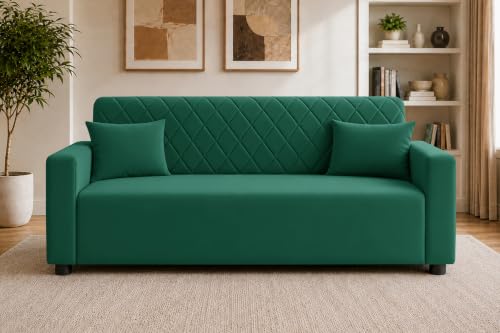 Image of Rosebell 3 Seater Wooden Sofa for Living Room, Modern Fabric Upholstered Sofa with Quilted Backrest, Cushioned Seating, Padded Armrests & Sturdy Wooden Frame - Green