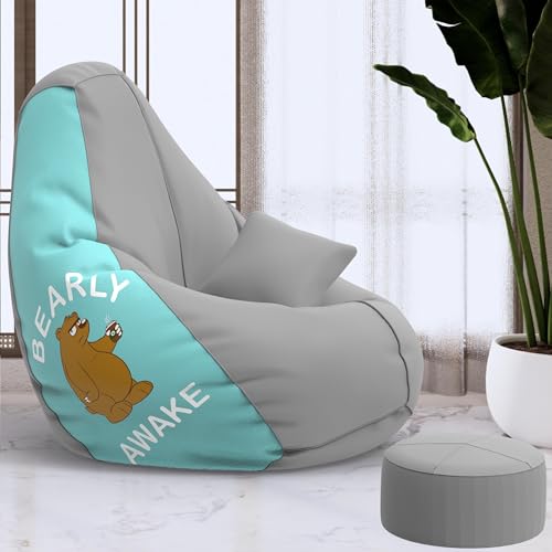 Biggie Bean Bag Cover 4XL Bean Bag with Free Cushion and Footrest - Official : GraphicRelax Combo (Matching Color : Printed, Bearly Awake - Light Grey Peach)-image-11