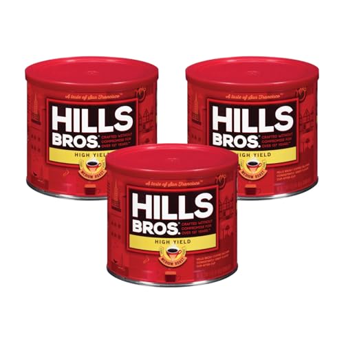 Hills Bros. High Yield, Ground Coffee – Premium Arabica Coffee Beans – Medium Roast, Rich Flavor Cup After Cup – Recyclable Steel Can for Freshness – Certified Kosher, 23 OZ (Pack of 3)