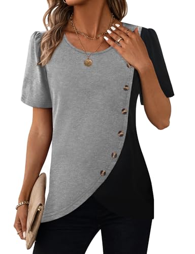 MixShe Womens Color Block Tops Short Sleeve Button Asymmetrical Casual Crewneck Pullover Shirts Light Grey Medium