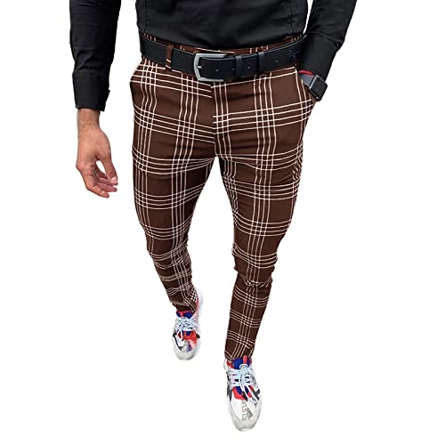 Mens Fashion Casual Plaid Pants Dress Chino Stretch Striped Long Pants Slim Fit Slack Trousers