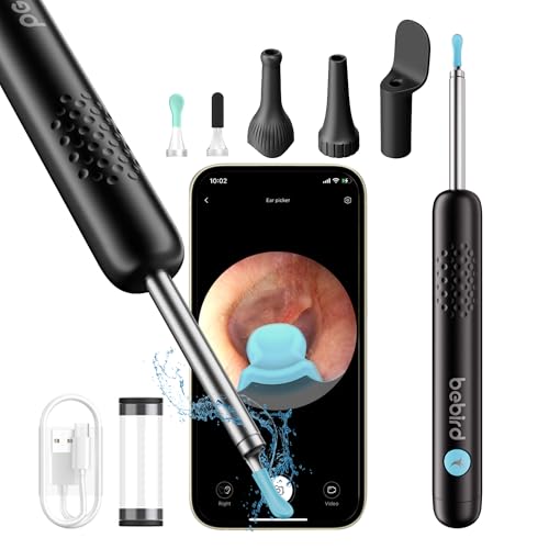 Bebird Pro Otoscoop R1, 1080P HD Pulitore orecchie con fotocamera, Otoscopio con luce, Otoscopio grandangolare IP67, impermeabile, per adulti, bambini, iOS, Android, nero
