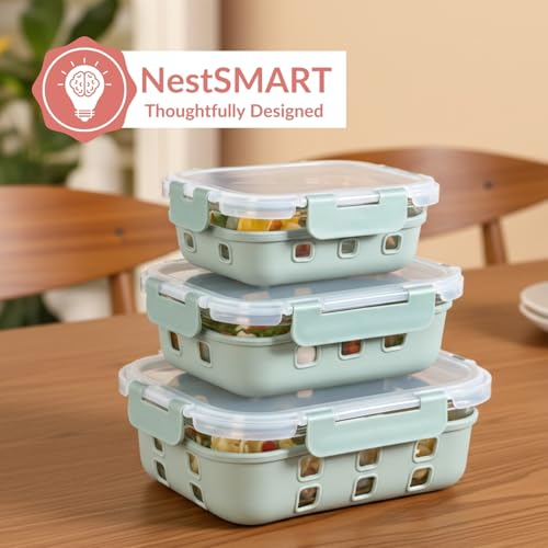 Image of Nestasia Gripso Glass Containers Set of 3 with Silicone Sleeve & Locking Lid (370ml, 600ml, 1000ml), Rectangle Food Storage Containers for Kitchen | Microwave, Dishwasher & Freezer Safe (Green)