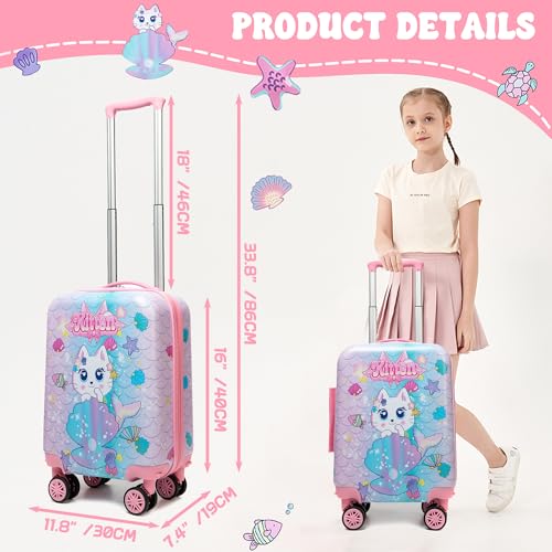Image of Cute Cat Kid's Luggage Set 2 Piece Suitcase Set 16 inch Hardside Luggage with Spinner Wheels Girls Carry on Toddler Travel Rolling Luggage Airline Approved
