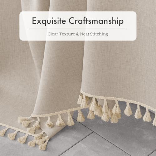 Image of AmazerBath Farmhouse Shower Curtains for Bathroom, Tan Shower Curtain with Tassels, Taupe Rustic Faux Linen Shower Curtain Set with 12 Hooks, 72x72 Inches