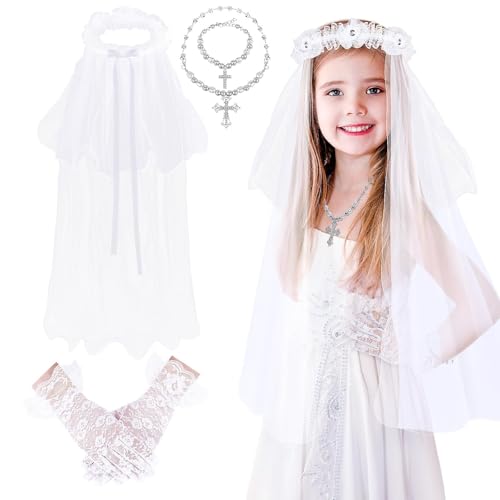 AUGSUN 4Pcs Girls First Communion Veils Set - White Pearl Floral Crown Veil, Lace Gloves, Necklace & Bracelet for Girls Wedding Party Costume