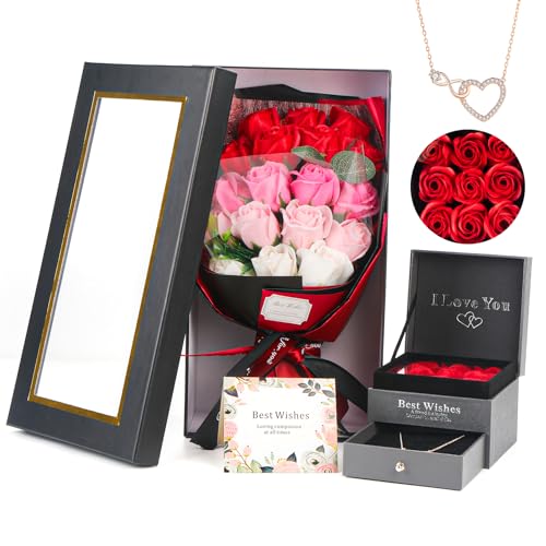 Konservierte Rosen Geschenke für Frauen,Infinity Rosenbox mit 18 Rosen Und Eleganter Halskette Geschenke für Frauen, Mama Handgemachte Rosen Valentinstag, Jahrestag, Muttertag Und Weihnachtstag