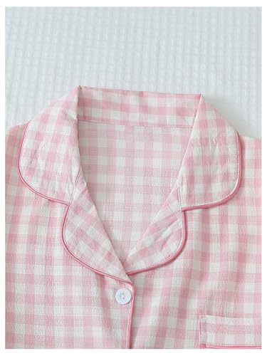 Verdusa Women's Plaid 2 Piece Cute Pajama Sets Short Sleeve Button Down Shirts with Shorts Loungewear3
