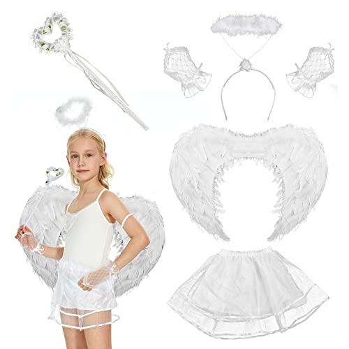 Hereneer Engels Flügel Kostüm, Engel Flügel für Damen und Mädchen, Engelsflügel Weiß mit Heiligenschein Zauberstab Engelsrock und Spitzenhandschuhe,Party Fasching Kostüme Deko,Kostümparty Verkleidung Cover