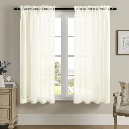 Image of MYSTIC-HOME Sheer Curtains 63 Inch Length, Rod Pocket Voile Drapes for Living Room, Bedroom, Window Treatments Semi Crinkle Curtain Panels for Yard, Patio, Parlor, Set of 2, 52 inchx 63 inch, Beige