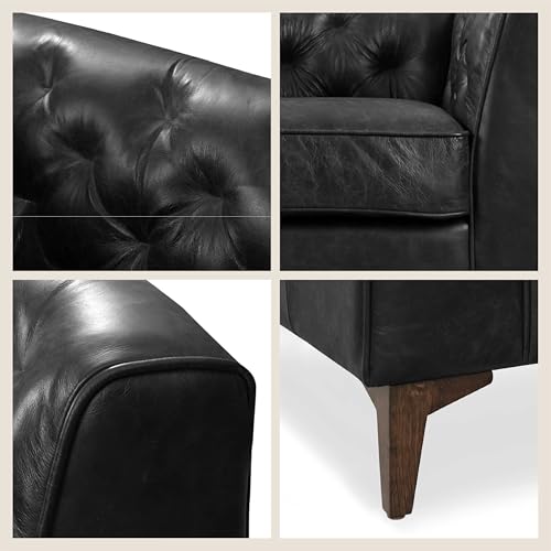 Image of POLY & BARK Essex 40 inch Lounge Chairs Set of 2 - Onyx Black Semi-Aniline Italian Leather, Tufted Back & Arms, Feather-Down Cushioning, Walnut Wood Legs