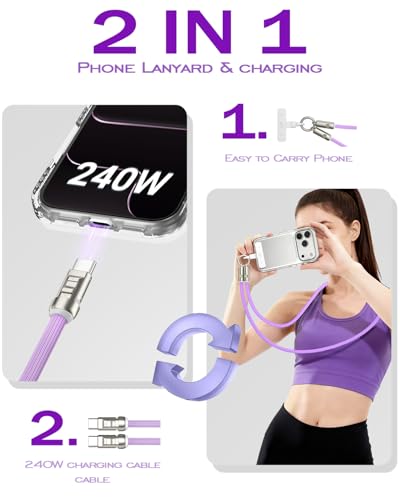 Image of Phone Lanyard Charging Cable, Type-C to USB-C 120cm 240W Fast Quick Charge Crossbody USB-C Strap 480Mbps Data Sync Anti Theft Purple Shoulder USB2.0 OTG Cord