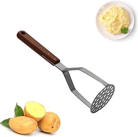 Triturador de papas, utensilio de cocina vintage de acero inoxidable, redondo, triturador de papas, mango de madera, herramienta para papas,