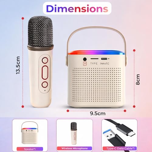 Image of One94Store Portable Bluetooth Speaker 10W with Wireless Karaoke Mic, Bluetooth 5.1, 8H Playtime, 5 Voice Change Effects, RGB LED Lights, TF Card Support, Type-C Charging - Cream Color