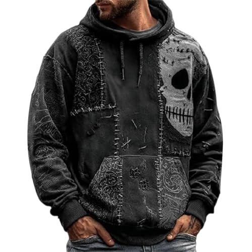 Disfraces de Halloween para hombre, diseño de calavera y cara de calabaza, sudadera con capucha y bolsillo espeluznante, Negro, L