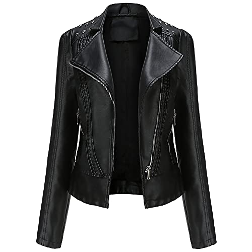 YFFUSHI Damen Lederjacke Kurz Slim PU Leder Jacke Reverskragen Lange Ärmel Übergangsjacke Reißverschluss Biker Lässig,Schwarz,XL