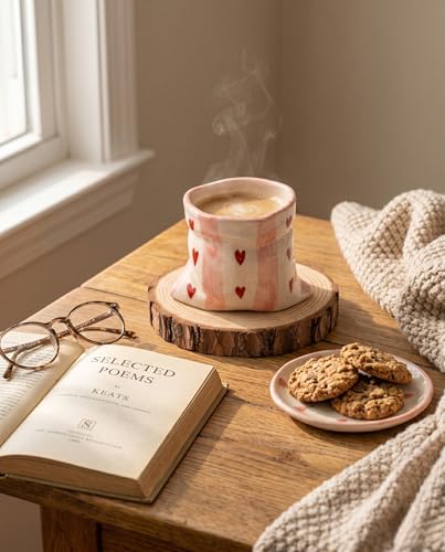 Image of Handmade Heart Print Ceramic Pouch Coffee Mug - Aesthetic Pink Striped Tea Cup for Coffee Milk Espresso, Cute Pottery Style Designer Mug for Women Girls Home Cafe Use