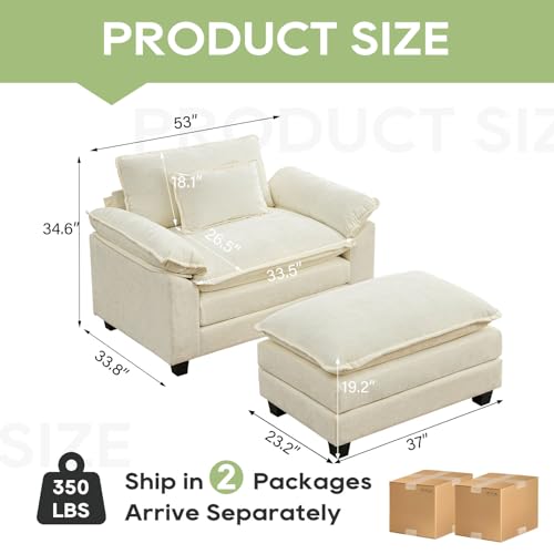 Image of Oprisen 53 inch Modular Sectional Sofa, Comfy Cloud Couch Sectional Sofa with Ottoman, Chenille Sofa Sleeper Deep Seat Sofa with Throw Pillows for Living Room (Beige White)