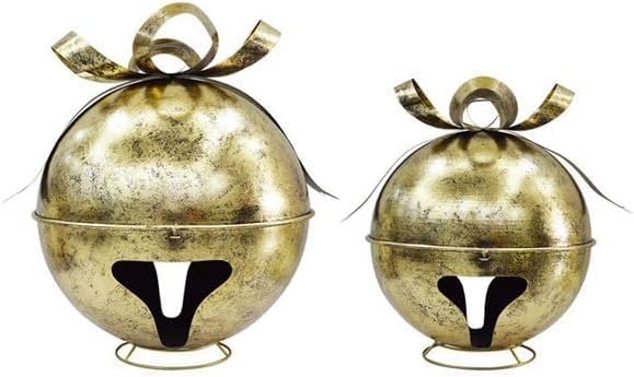 Oversized Jingle Bell Décor Set of 2 with Antique Finish, Large and Medium Bells for Indoor Outdoor Christmas Decoration, Nesting Design with Stands (Gold)